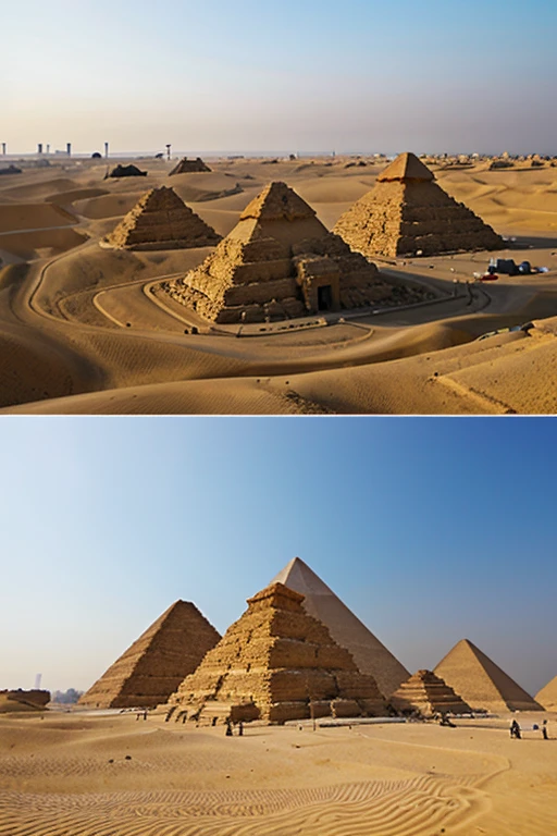Combine Egyptian pyramids with modern skyscrapers