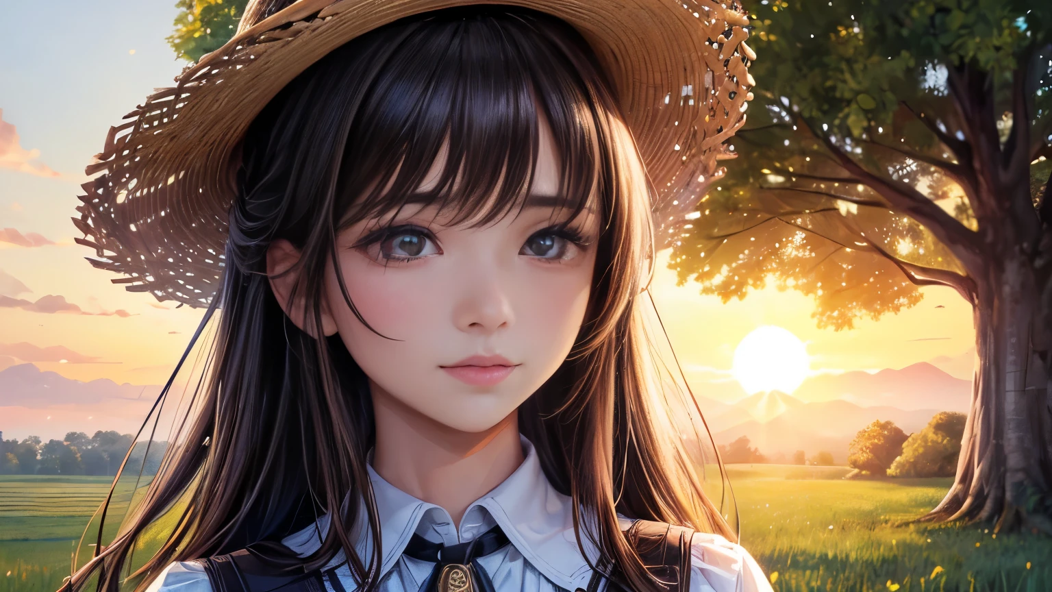 (1 girl), brown eyes, (highly detailed eyes, highly detailed face), Full body portrait, (Too realistic, hight resolution), (best quality:1.4), (high , สวมเสื้อผ้าcountryside:1.2), model, charming, sublime, hut, in the garden, countryside, Under a big tree, sunset, alone, Tears in her eyes, beard, cry