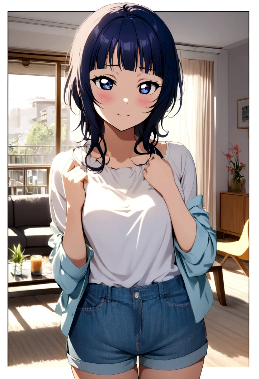 1girl, asaka karin, Love live nijigasaki, modern living room background, casual clothes,