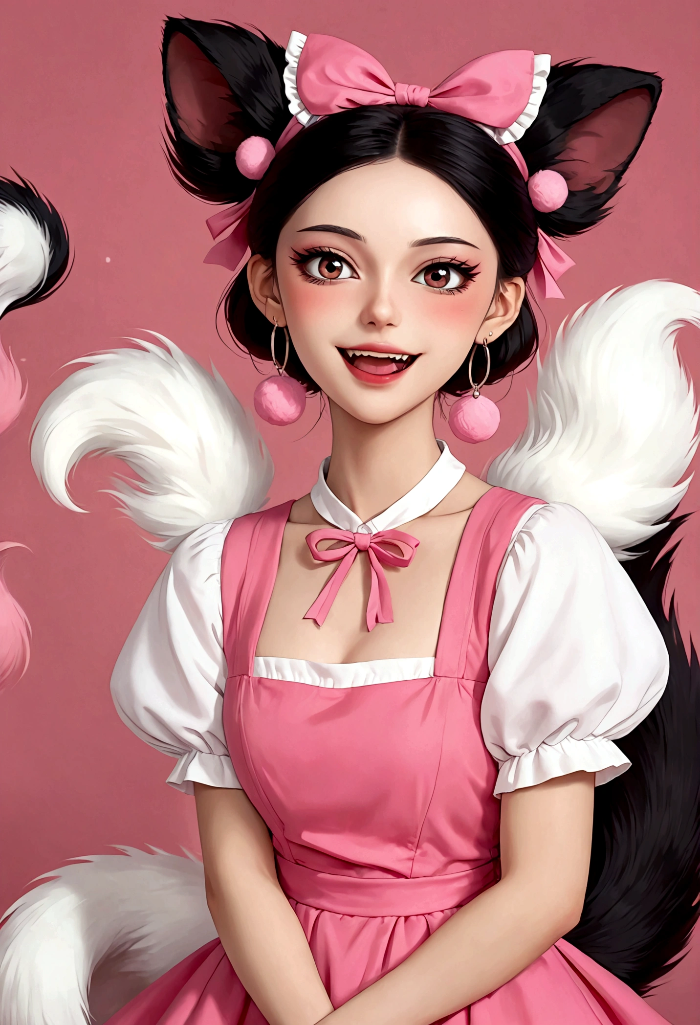 Beautiful face，beautiful eyes，Pink Eyeshadow，laughing out loud，Fangs，(((Big fluffy tail)))，Black high bun，Forehead hair，Pink pompom earrings，Pink maid outfit，Reach out，Spells，