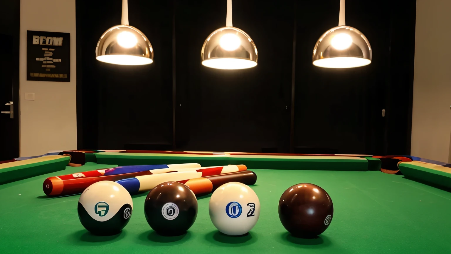 A close up of a billiard table set up for the championship. Very high quality image with sheen coming off the balls, very highly polished