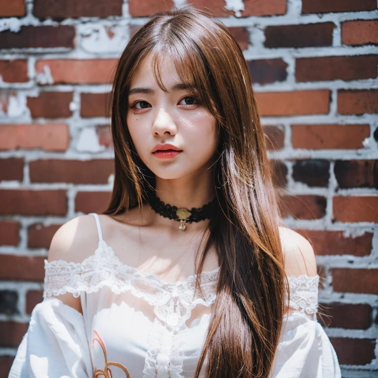 ultra realistic 8k cg, masterpiece, ((ultra detailed background, delicate pattern, intricate detail)), best quality, intricate details, chromatic aberration, 1girl, long hair, golden hair, messy hair, red highlights, hair over one eye, sharp eyes, choker, brick wall, graffiti, dim lighting, alley, oversized shirt,off shoulder, see through white shirt, Masterpiece, best quality