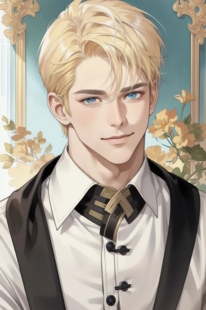 masterpiece, best quality, realistic, 1man, mature man, muscular tall, handsome, smile, closed mouth, portrait, extremely detailed face, (short hair), (golden hair), (heterochromia in eyes)