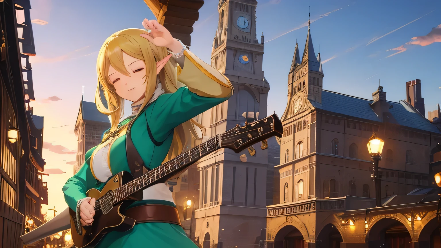 Anime Style,middle ages,A lively bar with lots of people,Beautiful sky,Beautiful bard elf girl with closed eyes,guitar