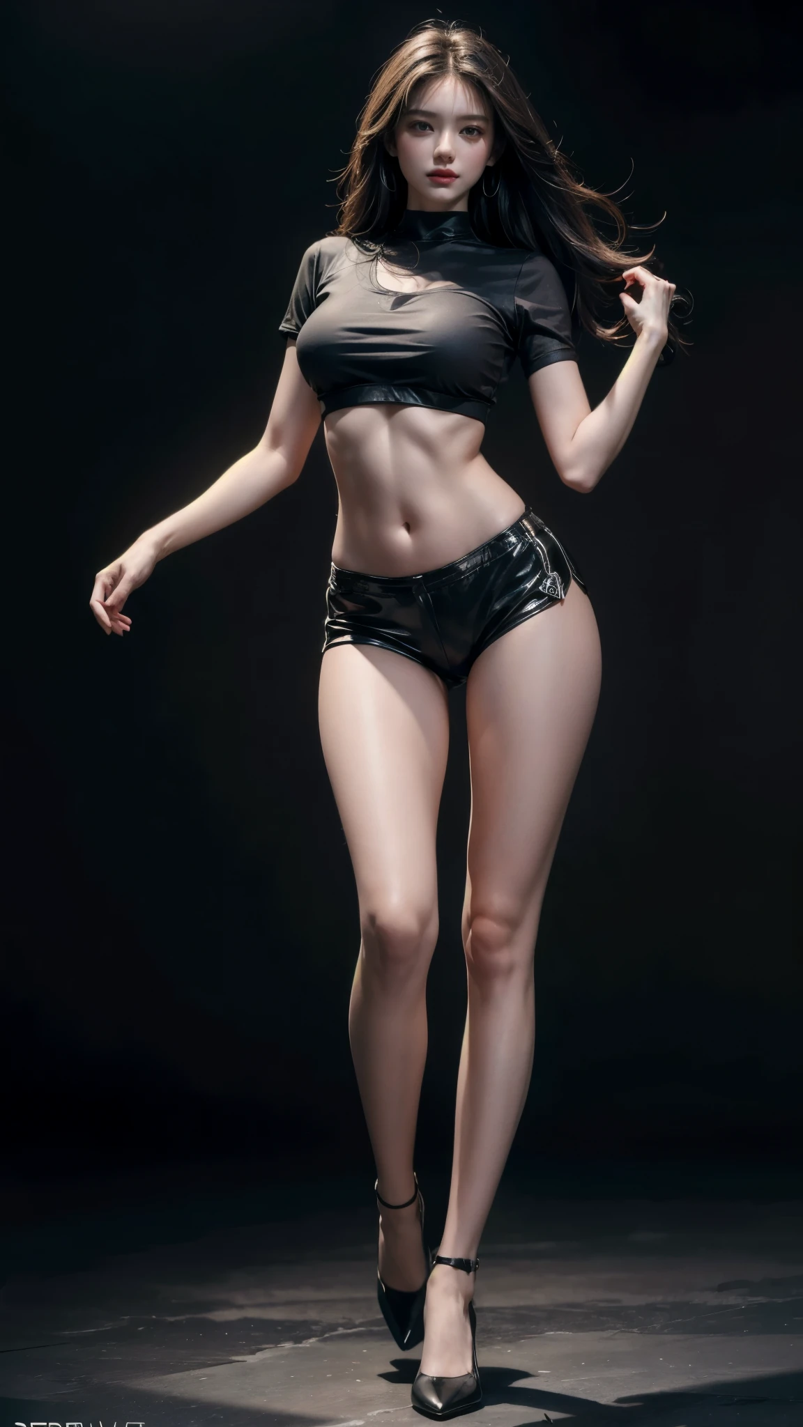 best quality, masterpiece, high resolution, 8K, (realistic: 1.4), super high resolution, 1 girl, super detailed, surreal, highly detailed CG illustration, official art, cinematic light, reality, young beautiful girl, perfect body, perfect body, full viewing angle, perfect body, (from below: 1.3), wearing mask, pose, sexy long legs, confident, beautiful sexy, gray short sleeves, open belly, black super shorts, S-shaped body, hips upturned, posing, posing, different perspectives, Atmospheric distance sense