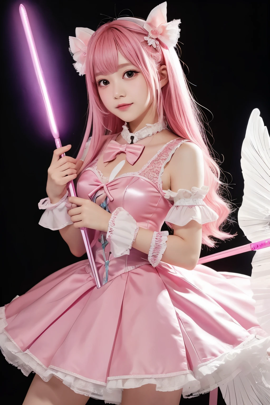 High resolution, 4K,Girl with pink hair, Small breasts, ゴージャスなMagical girlの衣装, Pink Eyes, Well-formed face, Pink dress with ribbons and frills, I have a magic wand in my hand, The tip of the wand is a glowing pink heart., Designed to look like a bow and arrow, Magical girl, Panty shot, I can see your underwear., Small breasts
