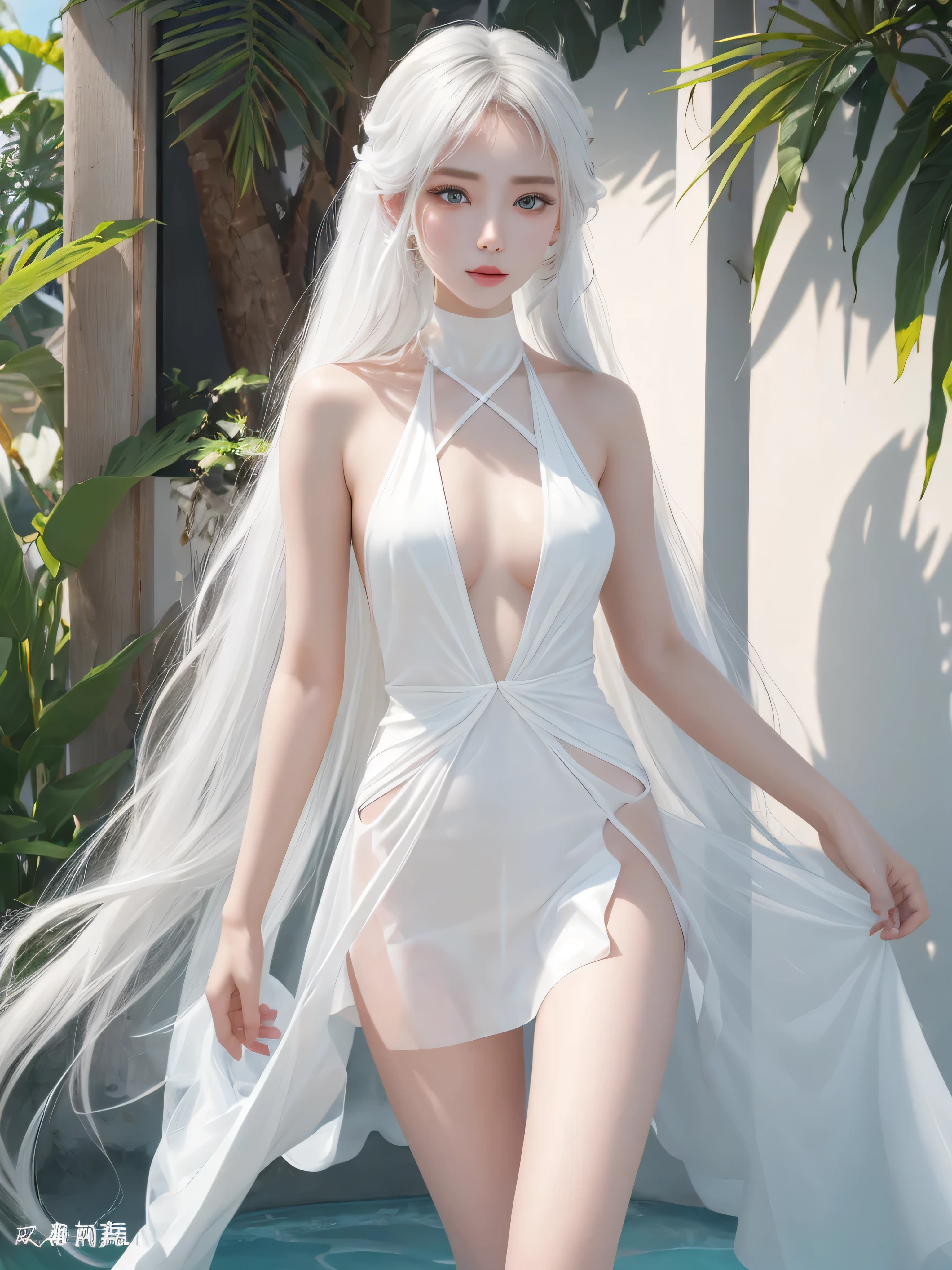 , masterpiece, Best quality, high quality, High Definition, high quality textures, high quality shadows, High Detail, Beautiful details, Fine details, Extremely detailed CG, Detailed texture, Lifelike facial expressions, lifelike, Bright colors, Exquisite, Sharp focus, （Beautiful face，Beautiful details, （beautiful eyes，Beautiful details）, Perfectly proportioned face, 高Skin details, Skin details, The optimal ratio of four fingers to one thumb, emaciated：1.3）, 1 girl, 18 years old, Tall, pretty, Perfect, （Long legs）, （Straight Legs）, （Thin waist）, （（White skin））, White skin, （（White skin））, （（whole body））, Wisps of hair, lifelike, High-quality rendering, Amazing Art, high quality,Sexy deep V hip skirt summer cool beach swimsuit hollow backless dress hot girl halter neck passion nightdress，无NSFW