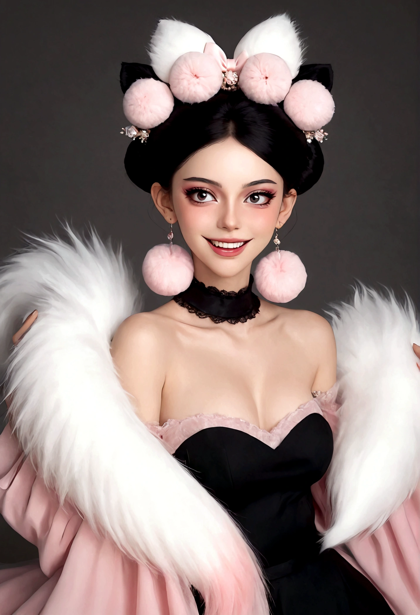 beautiful woman,detailed eyes,gorgeous makeup,pink eyeshadow,wide open smile,sharp fangs,large fluffy tail,voluminous black high bun,wispy bangs,pink fluffy pom pom earrings,high collar pink maid dress,bare shoulders,midriff exposed,multilayered lace frills,hand gestures,magic spell,(best quality,4k,8k,highres,masterpiece:1.2),ultra-detailed,(realistic,photorealistic,photo-realistic:1.37),vibrant colors,dramatic lighting，Fluffy fox tail