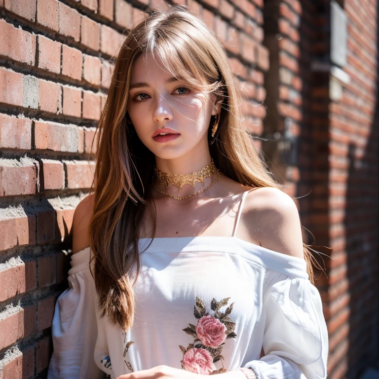 ultra realistic 8k cg, masterpiece, ((ultra detailed background, delicate pattern, intricate detail)), best quality, intricate details, chromatic aberration, 1girl, long hair, golden hair, messy hair, red highlights, hair over one eye, sharp eyes, choker, brick wall, graffiti, dim lighting, alley, oversized shirt,off shoulder, see through white shirt, Masterpiece, best quality