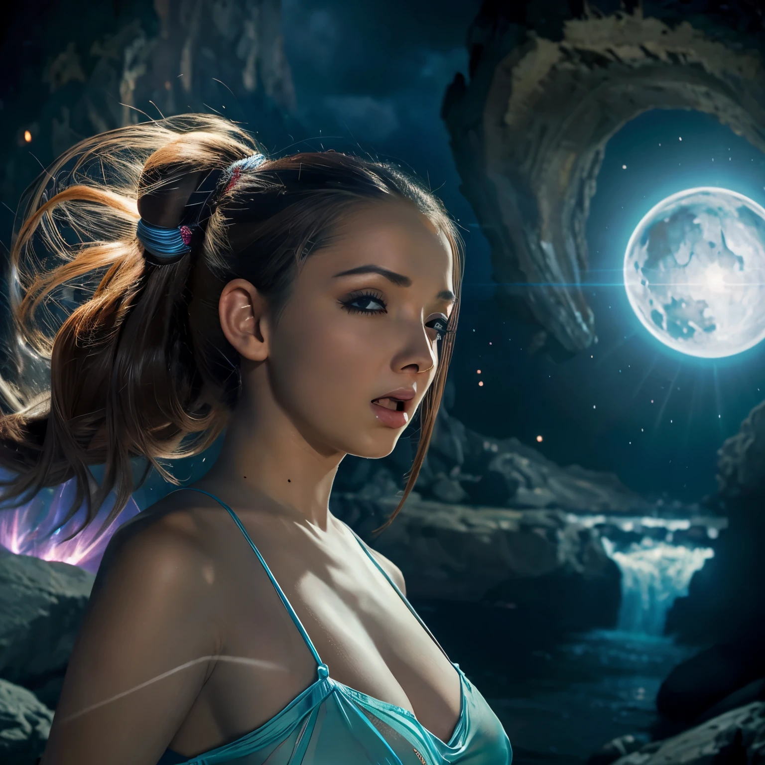 a woman with flowing sheer silk clothes, yelling as she summons a dragon ball, blasted moonscape, highly detailed, 8k, photorealistic, cinematic lighting, dramatic, powerful, energetic, athletic, young female, detailed face and eyes, flowing hair, dramatic pose, powerful energy, dragon ball, blasted moonscape, dramatic sky, glowing energy, cinematic, epic, stunning, masterpiece