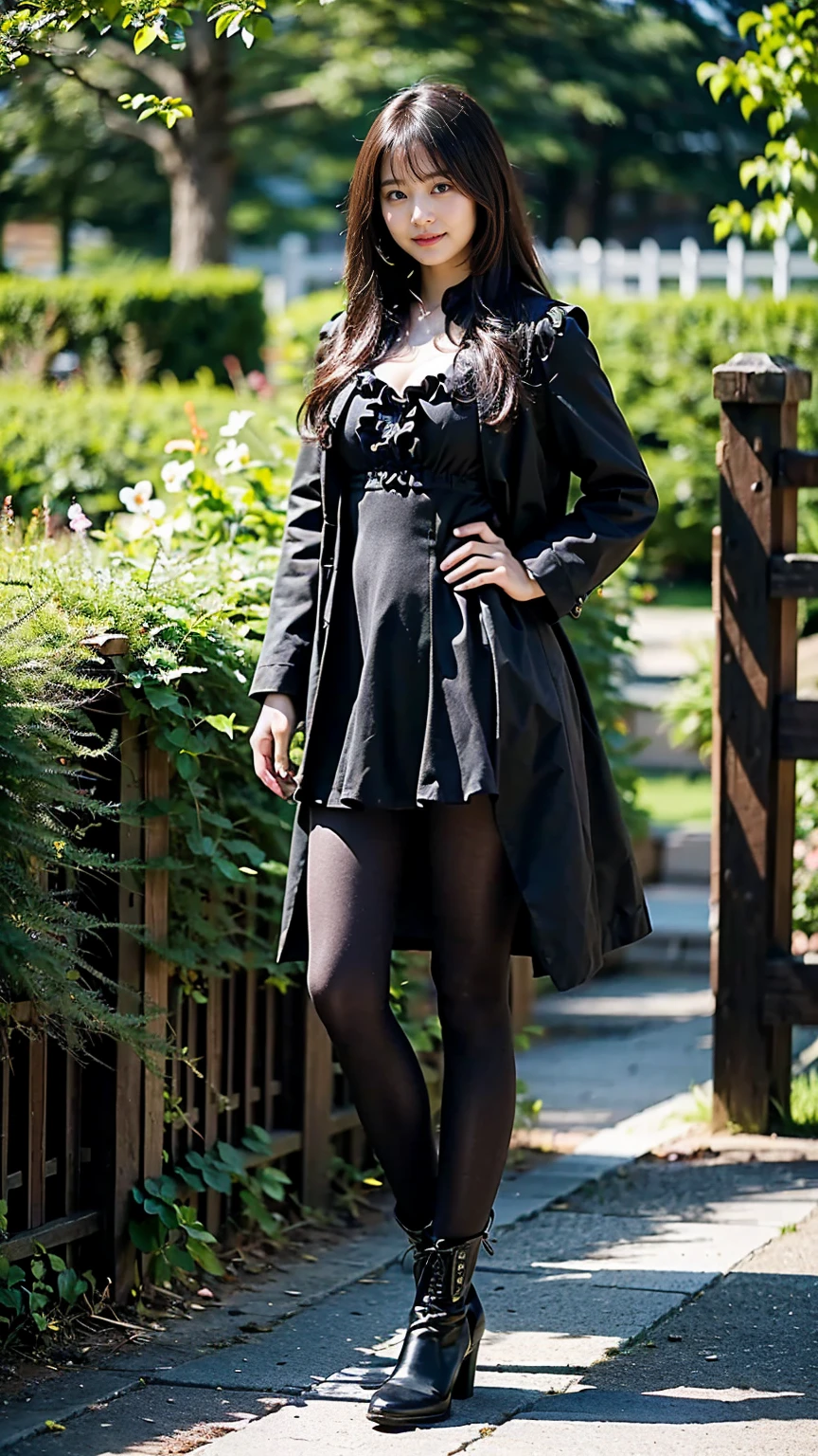 (8k、RAW Photos、highest quality、masterpiece:1.2)、(Realistic、Realistic)、1 girl、((garden、coat、smile、Large Breasts、tights、Black ee-through、Frills、Semi-long hair、boots、Facing forward、Standing with hands on hips))、
