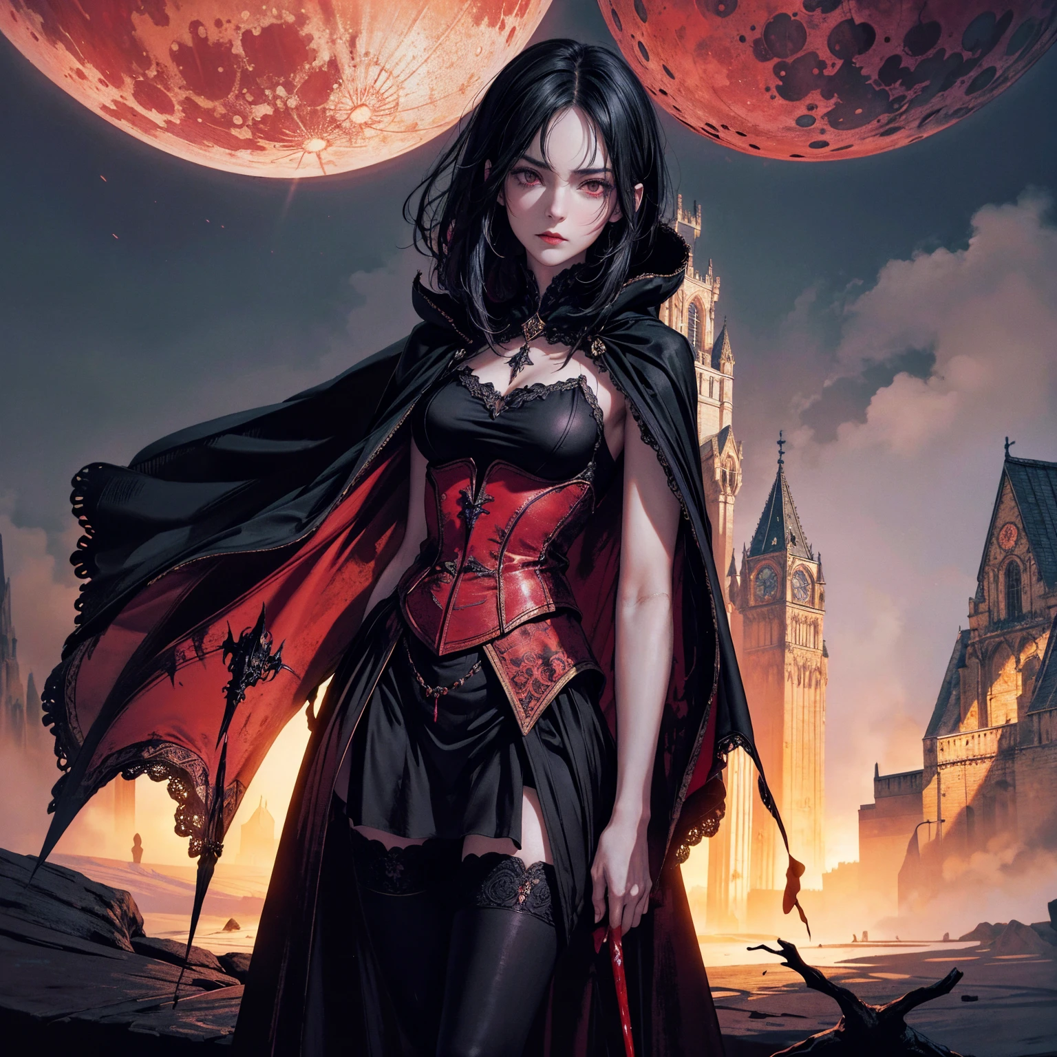 best quality, 4k, high resolution, masterpiece:1.2, Very detailed, actual:1.37, Mood lighting, Girl in a cloak, Wearing a gothic skirt that shows a little skin above the chest, Dangerous sneer, Black Hair, Standing, Crucified, Pitch black sky, Blood-red moon, strange atmosphere, Gothic style, Unforgettable beauty, Dramatic shadows, Ethereal Light, Mysterious atmosphere.