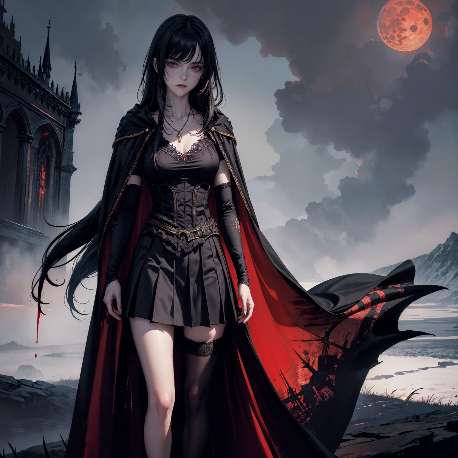 best quality, 4k, high resolution, masterpiece:1.2, Very detailed, actual:1.37, Mood lighting, Girl in a cloak, Wearing a gothic skirt that shows a little skin above the chest, Dangerous sneer, Black Hair, Standing, Crucified, Pitch black sky, Blood-red moon, strange atmosphere, Gothic style, Unforgettable beauty, Dramatic shadows, Ethereal Light, Mysterious atmosphere.