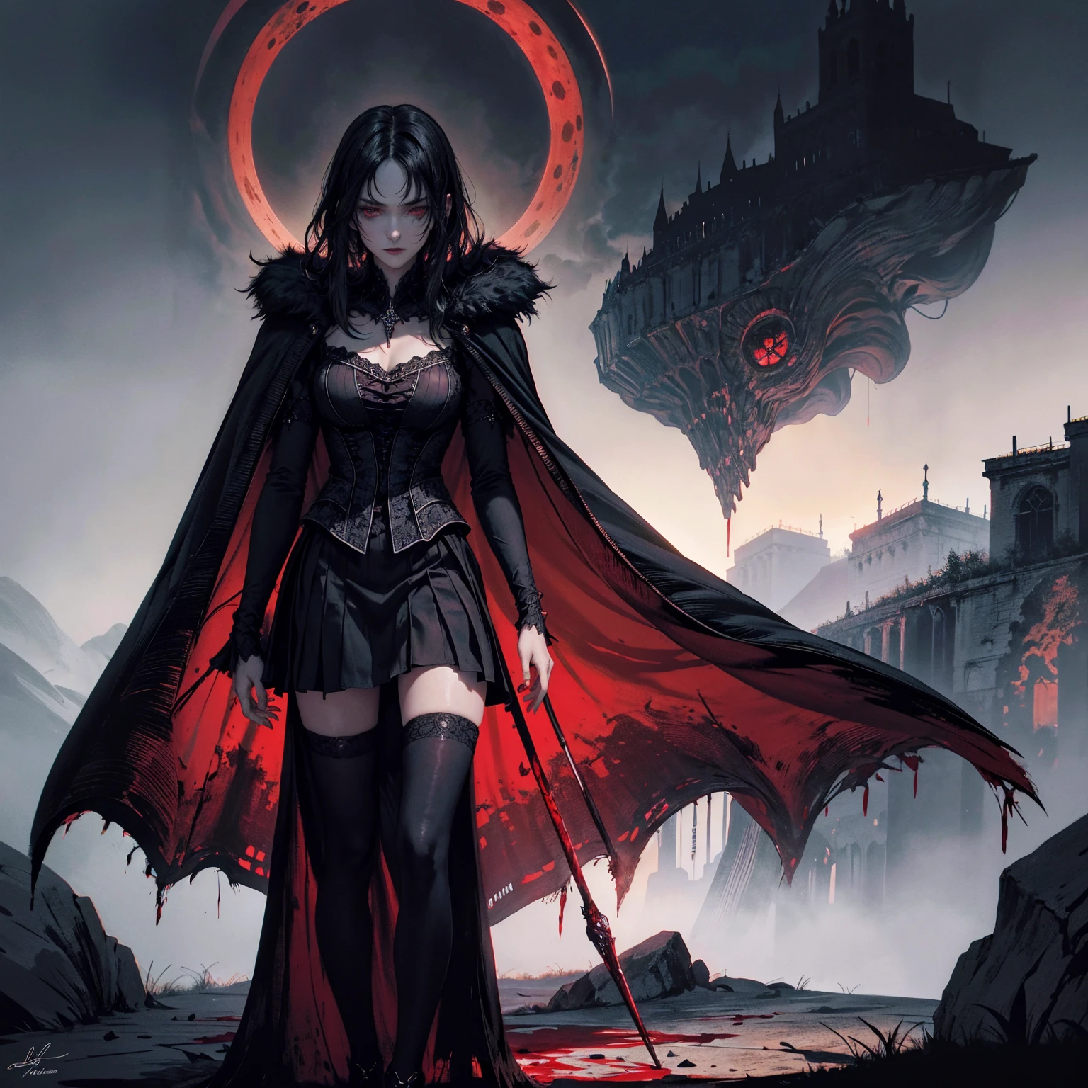 best quality, 4k, high resolution, masterpiece:1.2, Very detailed, actual:1.37, Mood lighting, Girl in a cloak, Wearing a gothic skirt that shows a little skin above the chest, Dangerous sneer, Black Hair, Standing, Crucified, Pitch black sky, Blood-red moon, strange atmosphere, Gothic style, Unforgettable beauty, Dramatic shadows, Ethereal Light, Mysterious atmosphere.