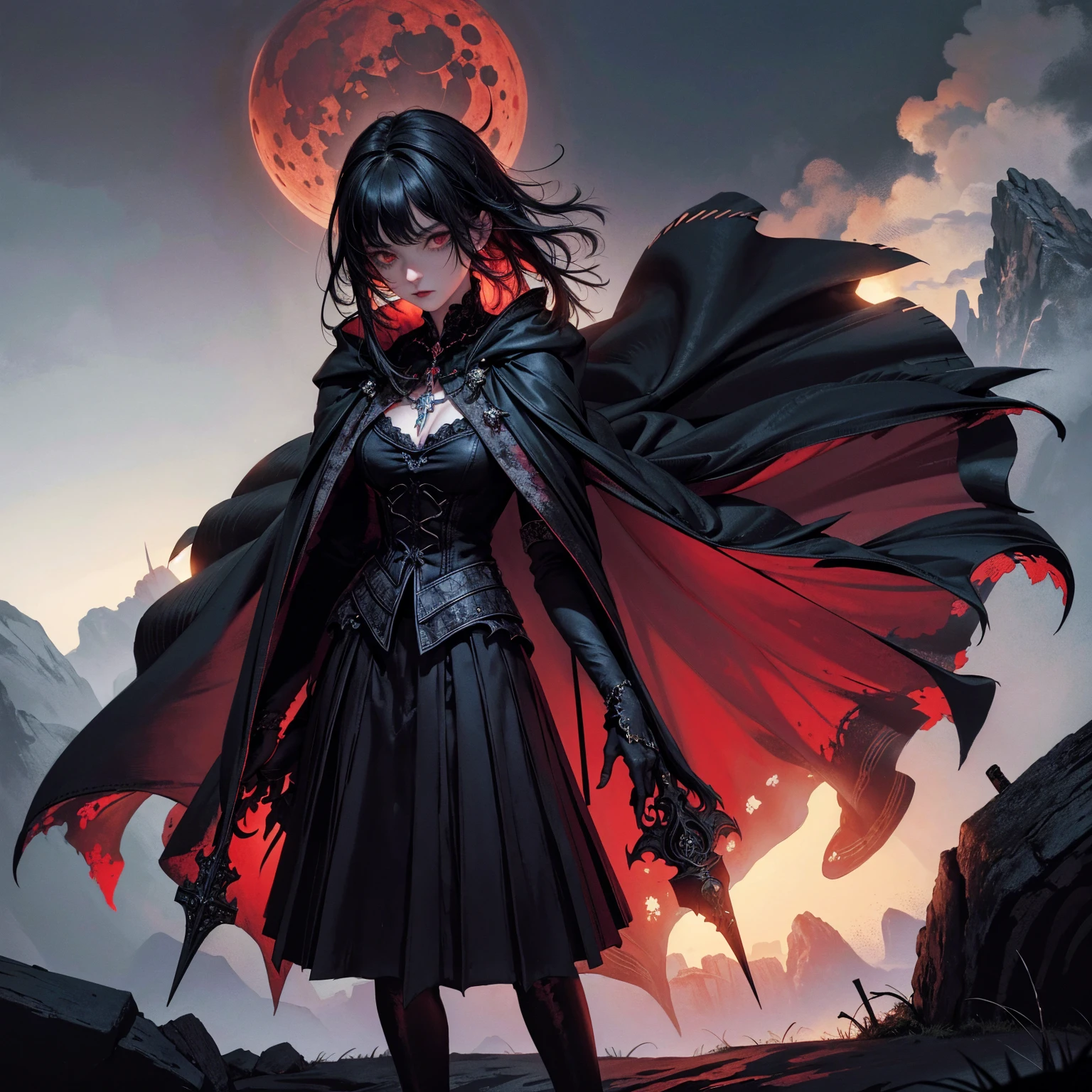 best quality, 4k, high resolution, masterpiece:1.2, Very detailed, actual:1.37, Mood lighting, Girl in a long cape, Wearing a reflective latex skirt that shows a little skin above the chest, Dangerous sneer, Black Hair, Standing, Face facing the camera, Crucified, Pitch black sky, Blood-red moon, strange atmosphere, Gothic style, Unforgettable beauty, Dramatic shadows, Ethereal Light, Mysterious atmosphere.