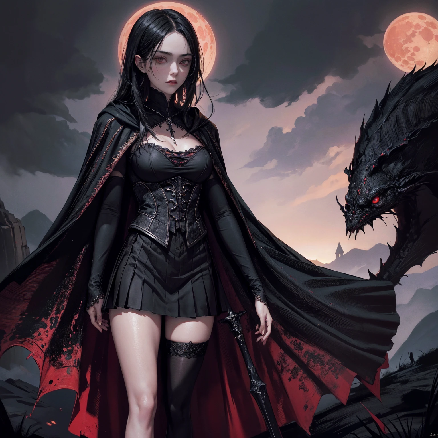 (High resolution), (best quality), masterpiece), (intricate detail), (masterpiece), (intricate detail), solo, (solo), ((solo)), physically fit, curvy, pale skin, fierce expression, dark eyes, (detailed eyes), looking at viewer, red_rimmed eyes, (detailed hands), closed_mouth, (black hair), shorthair, full body, lewd expression, medium breast, beautiful, malevolent energy, (topwear:((shirt:black, trench_coat:black)), (handwear:((gauntles)), bottomwear:(pant:blue))), blood dripping, glasses, dark tinted glasses, smirking, menacing, surrounded by bats, castle background, bats