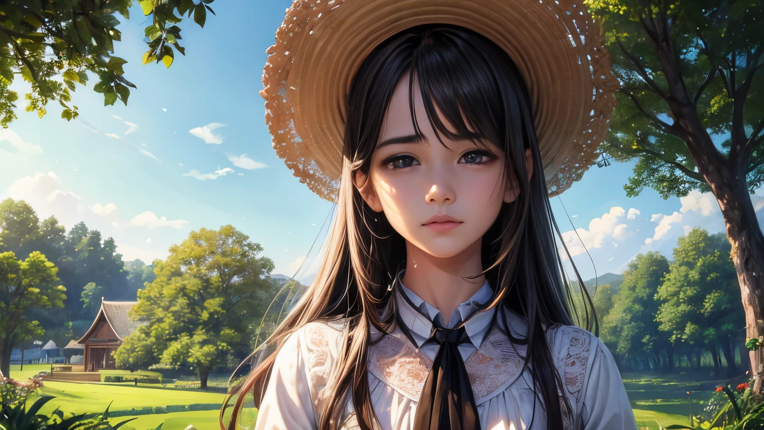 (1 girl), brown eyes, (highly detailed eyes, highly detailed face), Full body portrait, (Too realistic, hight resolution), (best quality:1.4), (high , สวมเสื้อผ้าcountryside:1.2), model, charming, sublime, hut, in the garden, countryside, Under a big tree, night beginning, alone, Tears in her eyes, beard, cry