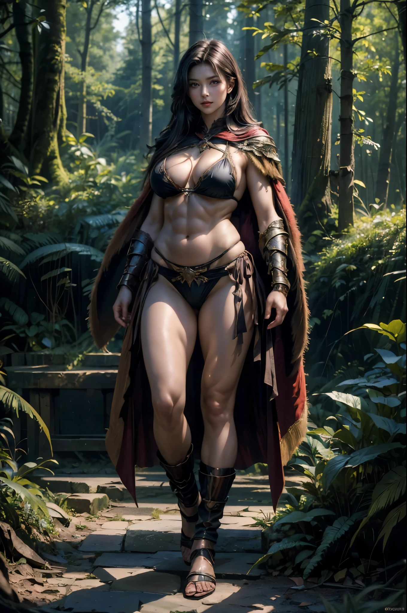 (masterpiece, highest quality, Realistic, High resolution, photograph, :1.3), Sharp focus, beautiful Femail warrior, perfect beautiful face, long hair, voluptuous body, Abs, muscle, bikini armor, loincloth, cloak, standing pose, in dark forest, ((whole body shot)), full body,