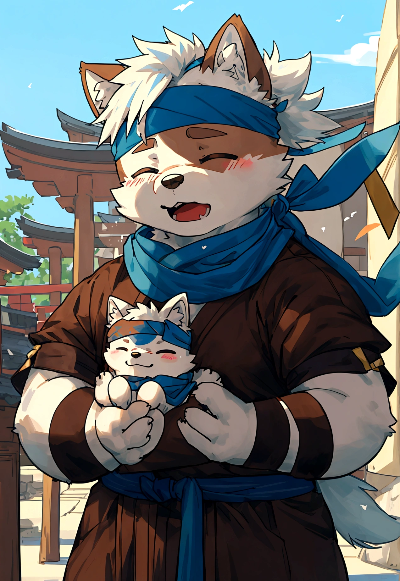 (masterpiece),(Very detailed),(best quality),hairy,Shiba Inu,fur,white hair,Gray pupil,Chubby,(Shota),(Japan samurai attire),((blue scarf)),((Brown headband)),(blush:1.1),((Close your eyes)),Happy expression,Temple Background,8K,(high quality),(Ultra high quality),(Super detailed),(Best Works)