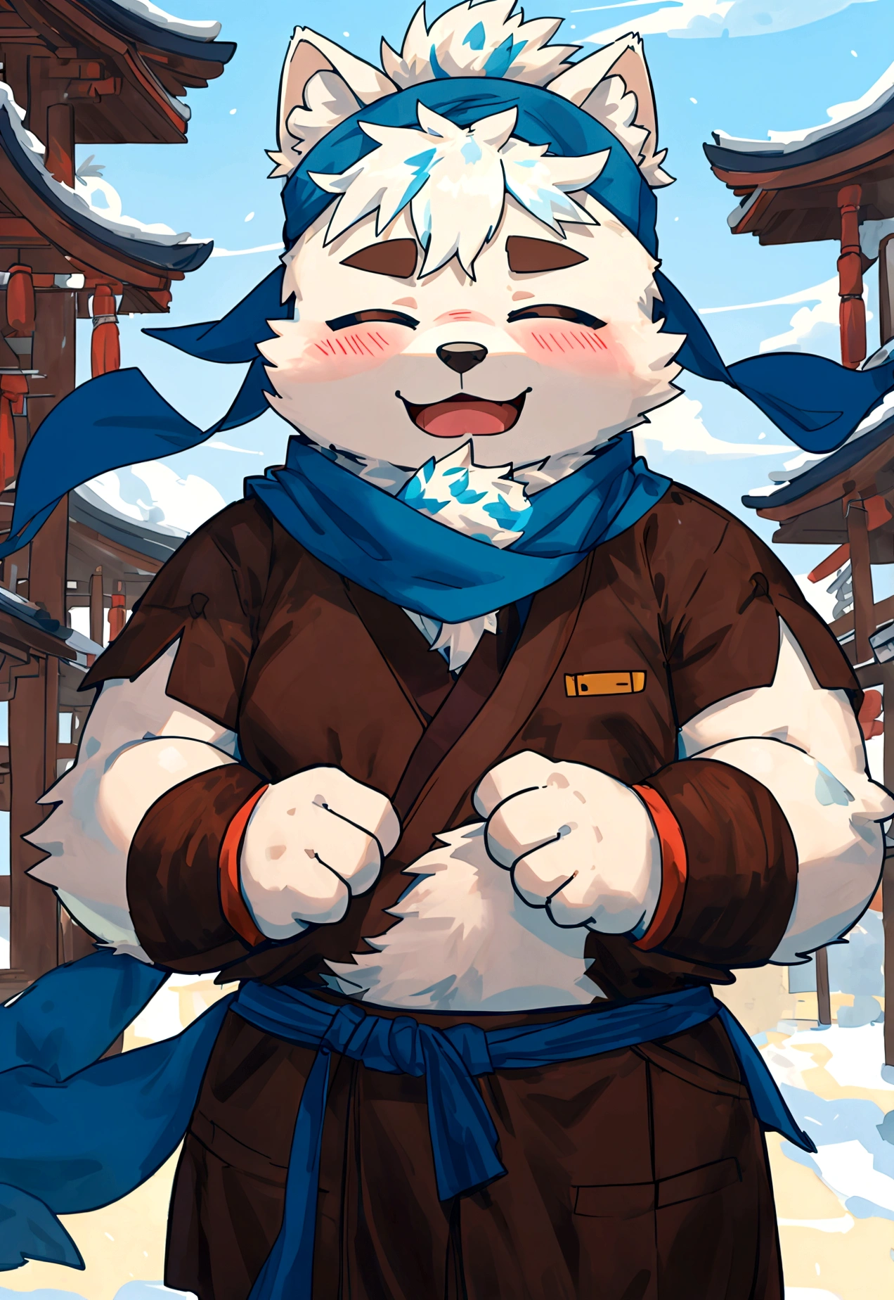 (masterpiece),(Very detailed),(best quality),hairy,Shiba Inu,fur,white hair,Gray pupil,Chubby,(Shota),(Japan samurai attire),((blue scarf)),((Brown headband)),(blush:1.1),((Close your eyes)),Happy expression,Temple Background,8K,(high quality),(Ultra high quality),(Super detailed),(Best Works)