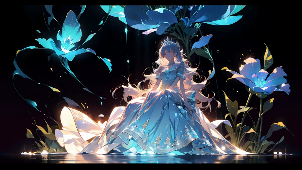 Charismatic, princess, flowers, glowing dress, sitting on a box, dark background, bioluminescent plants, fantasy world