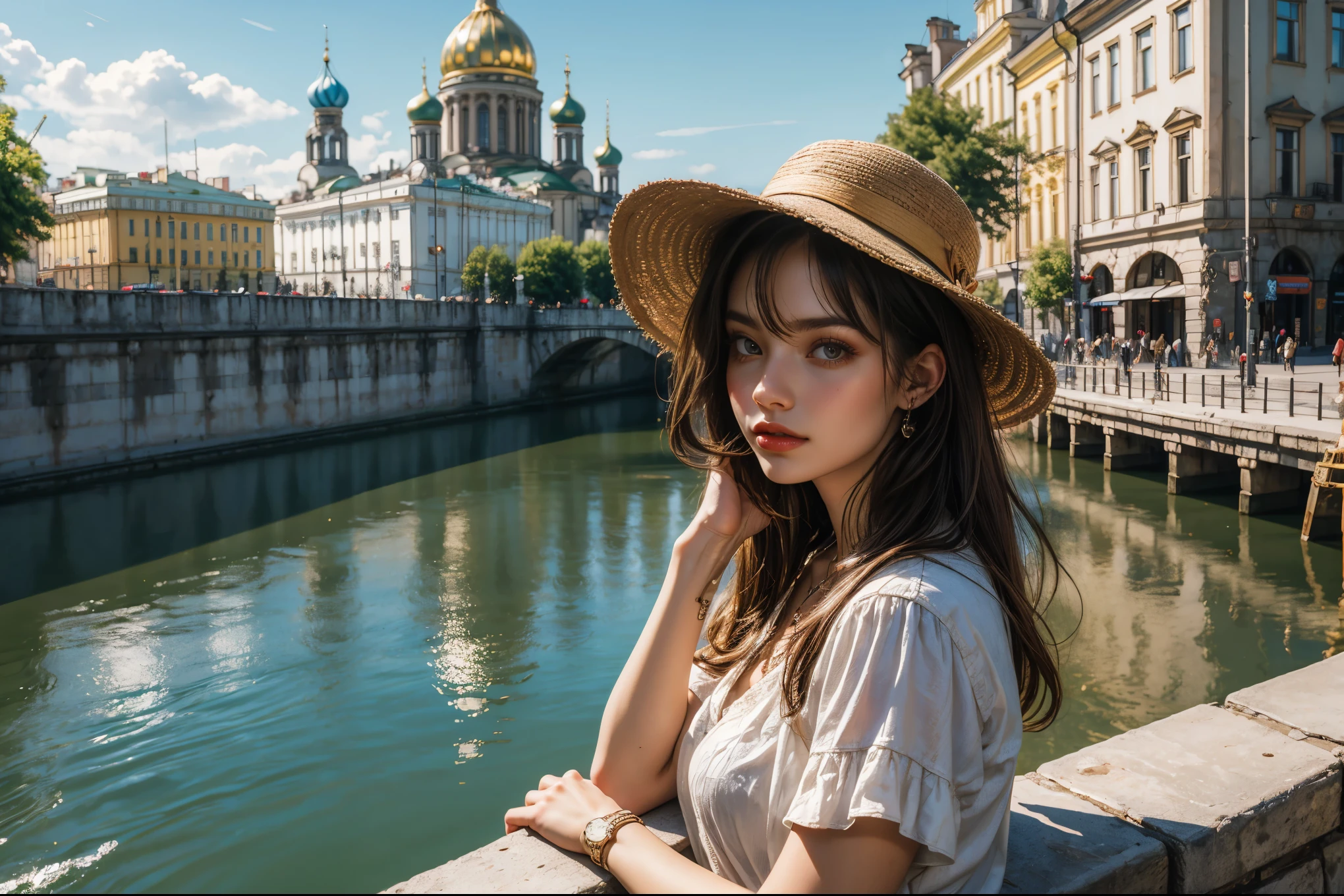 Top quality, high resolution HDR, realistic photography, detailed, masterpiece. A stunning portrait of a 20-year-old woman, taken in the heart of St. Petersburg in summer. She is dressed in chic, contemporary clothing and wearing a fashionable hat. In the background is the iconic and picturesque cityscape of St. Petersburg with its beautiful architecture reflected in the calm waters of the nearby river. The overall atmosphere of the image is warm and inviting, exuding an air of elegance and sophistication.