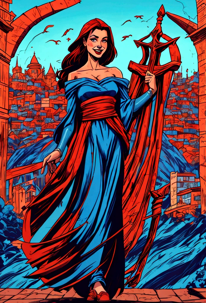 bandida, sorriso confiante, roupa azul escura, cidade medieval no fundo