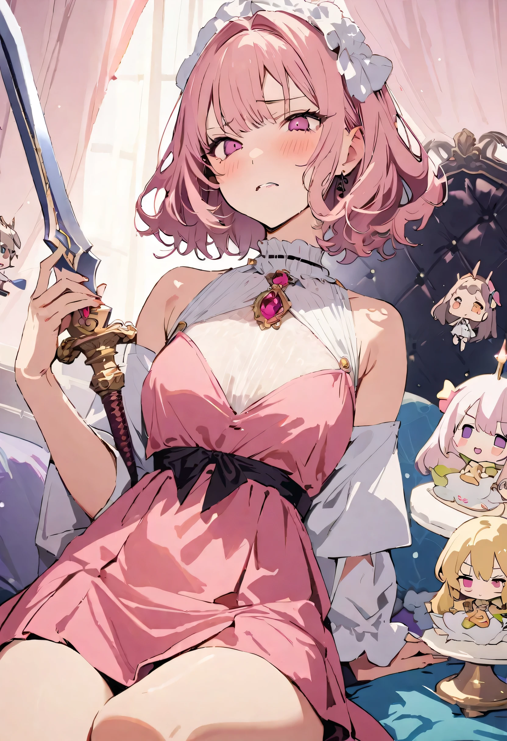 masterpiece, highest quality, Illustration of the novel, High resolution, 18+ Adult content, Sensual, Intimate, Emotional, Passionate, romantic, sweet, Adorable, Innocent, Pure, Charming, Charming, charm, Mysterious, Charming, Charming, Immersive, Charming, dream-like, Surreal, Imaginative, Whimsical, artistic, Avant-garde, timeless, elegant, Sophisticated, chic, Sophisticated, Personality, original, Charming,((upon:1.3)),((A look of disgust:1.3))、Upper Body、(a bit),(Woman warrior:1.3),Swordsman、Holy sword、Large sword