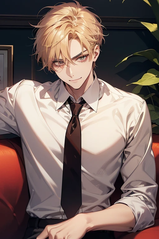 (masutepiece, Digital Art, Digital Illustration, 4K, 8K, Ultra-detailed, beautiful image, Sharp Image, Photorealistic, Raw photo, Perfect face, Perfect lines, Perfect eyes, Soft lighting) 1 male human, (a blond,Brown eyes,hair between eye,hair messy,short-hair,deadpan,Goofy face,Parallel eyebrows,Narrow-eyed,kindly smile,ember,28 years old:1.3),Handsome men, (ember,Business Shirt,neck tie,Thin macho,Firm shoulder width,Adult male:1.2),small plants,Sleepy face,Frantically opening your eyes,Loosen your tie,5 minutes before work,Living alone in a 1LDK,Hairstyle check,inside in room,Simple sofa,Double sofa