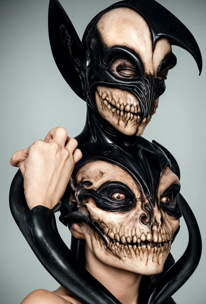 Tiro de medio cuerpo, hyperrealism photography, Beautiful model with avant-garde gelatin xenomorphic nun mask, cubierto de sangre, Renderizado de octanaje