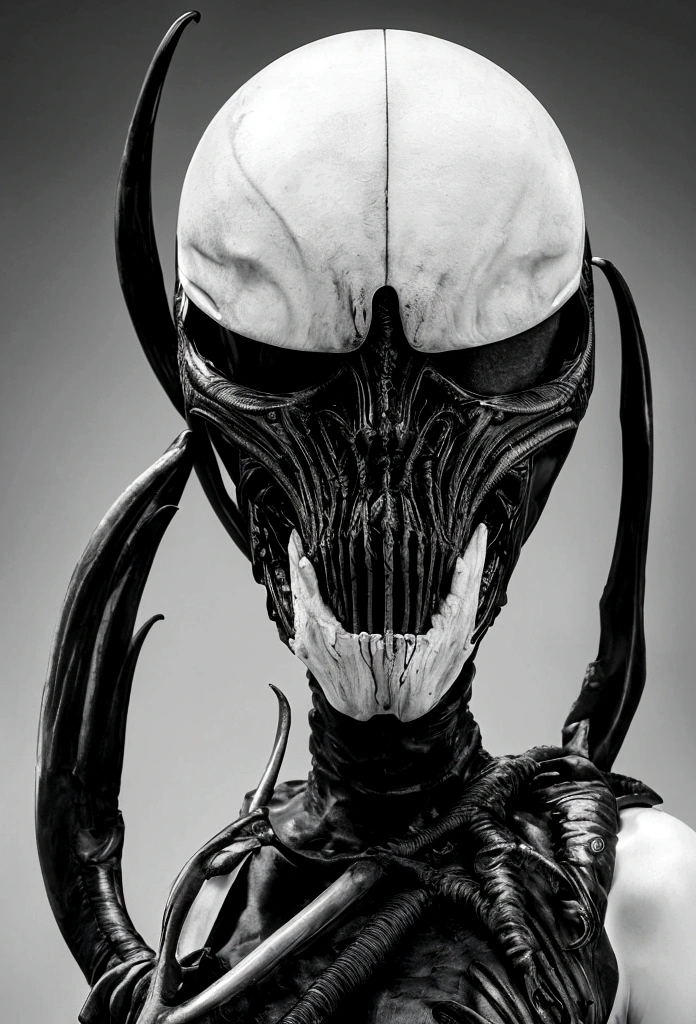 Tiro de medio cuerpo, hyperrealism photography, Beautiful model with avant-garde gelatin xenomorphic nun mask, cubierto de sangre, Renderizado de octanaje