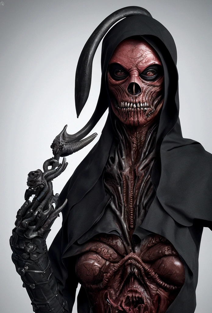 Tiro de medio cuerpo, hyperrealism photography, Beautiful model with avant-garde gelatin xenomorphic nun mask, cubierto de sangre, Renderizado de octanaje