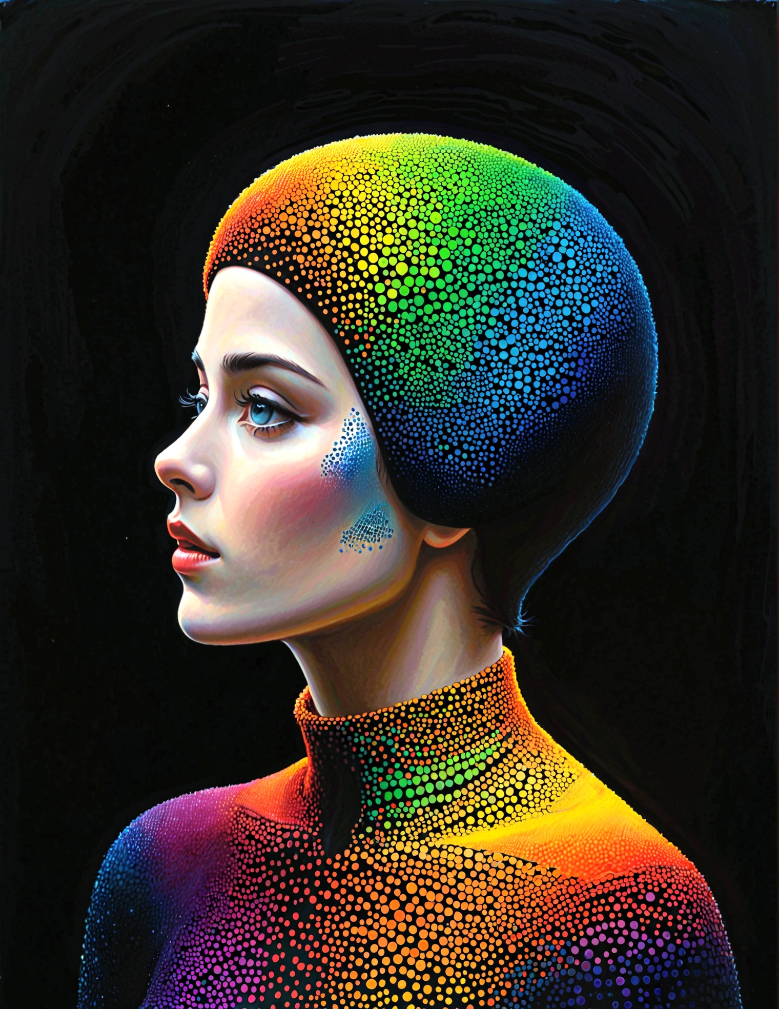 Pointillism, A nihilist is thinking about the futility of things,Particles representing blind spots, 8K, masterpiece, Wonderful composition, contrast between dark and dark, Minimal use of color