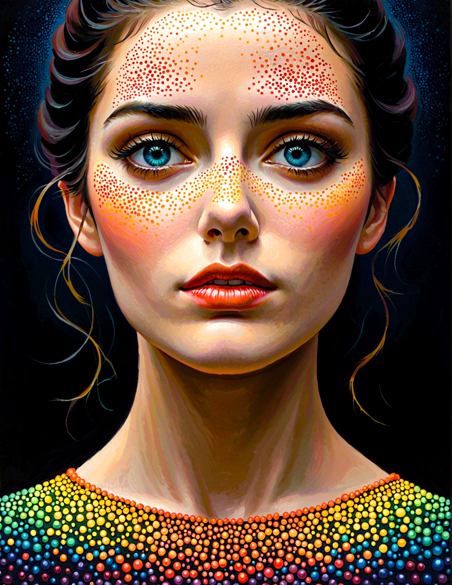 Pointillism, A nihilist is thinking about the futility of things,Particles representing blind spots, 8K, masterpiece, Wonderful composition, contrast between dark and dark, Minimal use of color