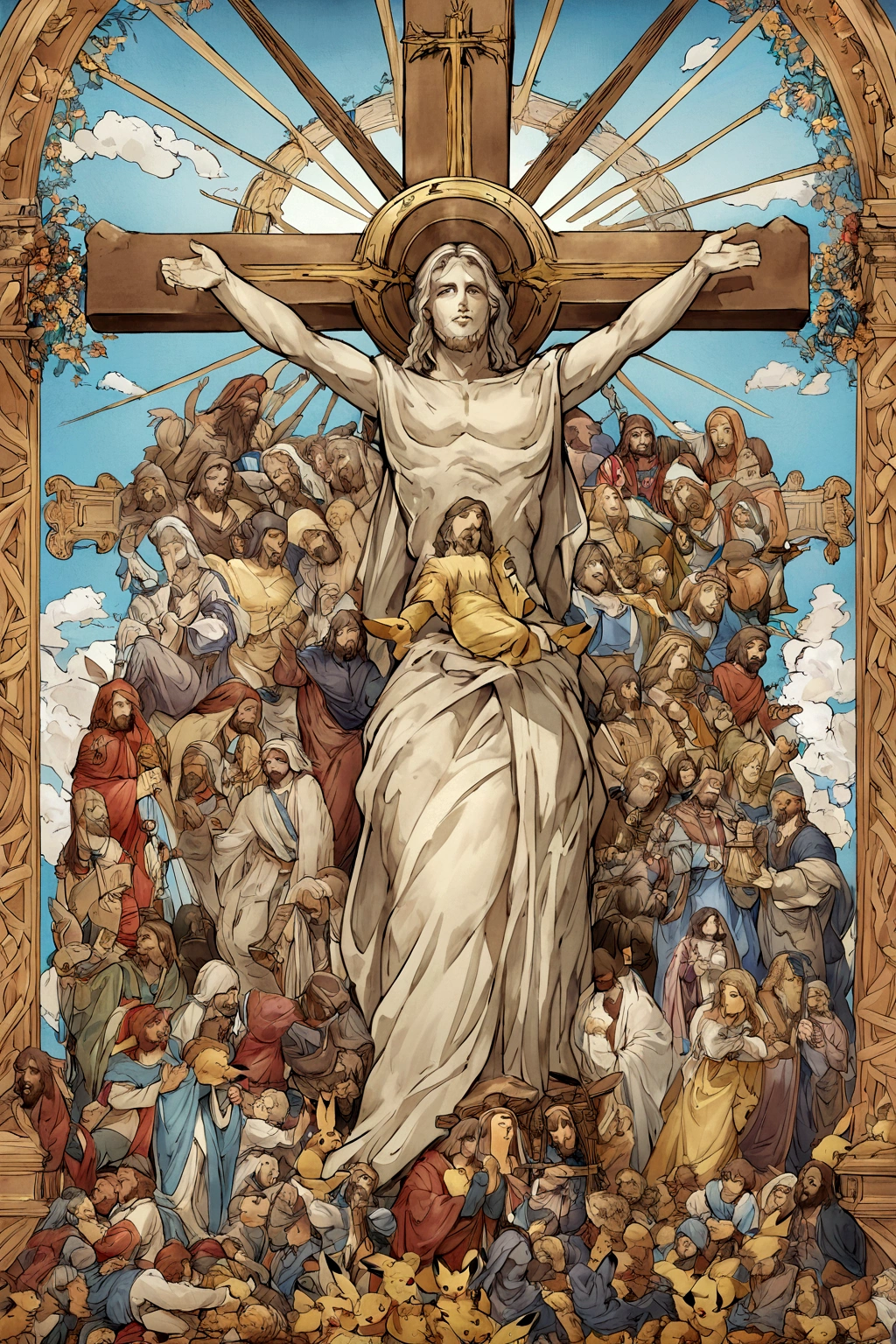 a close up of a statue of jesus on a cross with a blue sky in the background, jesus christ, jesus on cross, gigachad jesus, jesus christ on the cross, jesus on the cross, jesus of nazareth, jesus, religious imagery, black jesus, dressed like jesus christ, holy, cristo redentor, holy imagery, pikachu as jesus