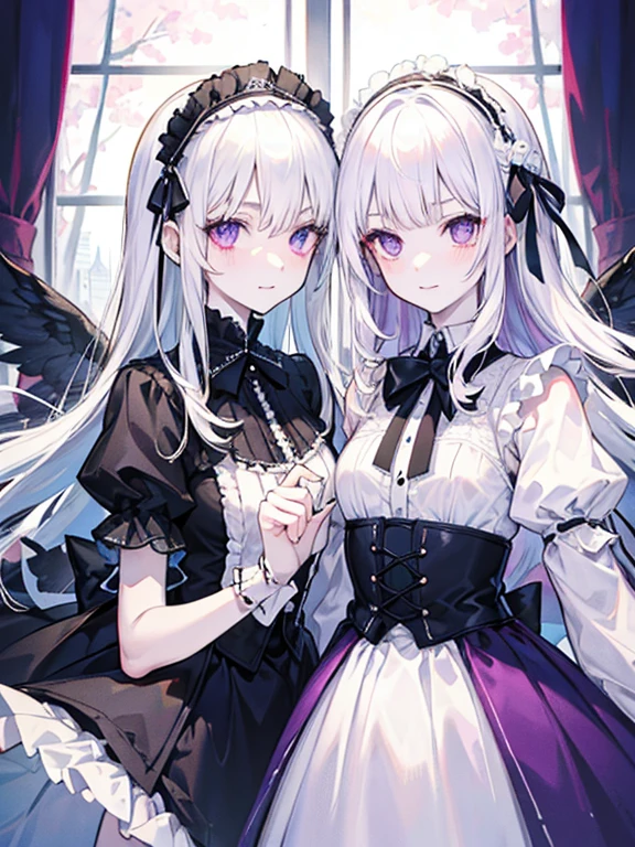 Tabletop, highest quality, (Perfect Face:1.1), (Attention to detail:1.1), (Ultra-detailed eyes), dramatic, Ultra-thin illustration, Very detailed, Two Girls, (Pale skin), (Medium White Hair), (Long White Hair), Psychic Eyes, We say, (Thin eyebrows),blush,smile, smile,Cinema Lighting, View Viewer,Gothic Lolita, Frills, ribbon,Headdress,room,White Dress,Black Dress,Purple Eyes,Get close,Flared skirt