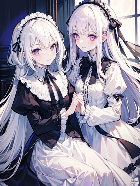 Tabletop, highest quality, (Perfect Face:1.1), (Attention to detail:1.1), (Ultra-detailed eyes), dramatic, Ultra-thin illustration, Very detailed, Two Girls, (Pale skin), (Medium White Hair), (Long White Hair), Psychic Eyes, We say, (Thin eyebrows),blush,smile, smile,Cinema Lighting, View Viewer,Gothic Lolita, Frills, ribbon,Headdress,room,White Dress,Black Dress,Purple Eyes,Get close,Flared skirt