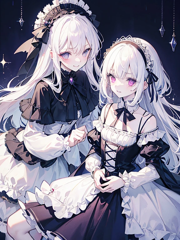 Tabletop, highest quality, (Perfect Face:1.1), (Attention to detail:1.1), (Ultra-detailed eyes), dramatic, Ultra-thin illustration, Very detailed, Two Girls, (Pale skin), (Medium White Hair), (Long White Hair), Psychic Eyes, We say, (Thin eyebrows),blush,smile, smile,Cinema Lighting, View Viewer,Gothic Lolita, Frills, ribbon,Headdress,room,White Dress,Black Dress,Purple Eyes,Get close,Flared skirt