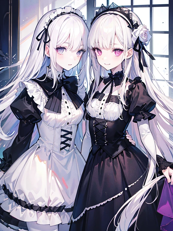 Tabletop, highest quality, (Perfect Face:1.1), (Attention to detail:1.1), (Ultra-detailed eyes), dramatic, Ultra-thin illustration, Very detailed, Two Girls, (Pale skin), (Medium White Hair), (Long White Hair), Psychic Eyes, We say, (Thin eyebrows),blush,smile, smile,Cinema Lighting, View Viewer,Gothic Lolita, Frills, ribbon,Headdress,room,White Dress,Black Dress,Purple Eyes,Get close,Flared skirt