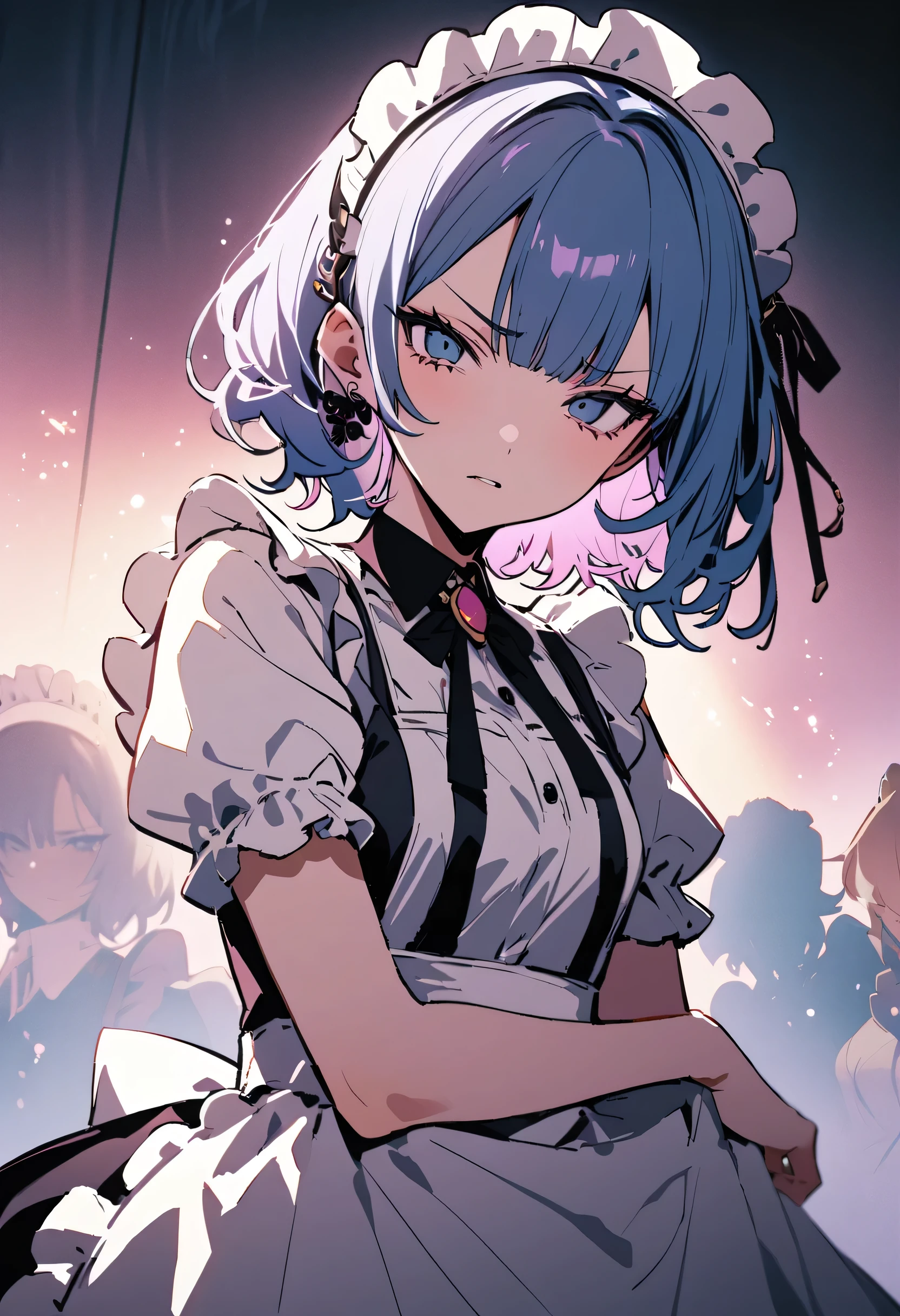 masterpiece, highest quality, Illustration of the novel, High resolution, 18+ Adult content, Sensual, Intimate, Emotional, Passionate, romantic, sweet, Adorable, Innocent, Pure, Charming, Charming, Charm, Mysterious, Charming, Charming, Immersive, Charming, dream-like, Surreal, Imaginative, Whimsical, artistic, Avant-garde, timeless, elegant, Sophisticated, chic, Sophisticated, personality, original, Charming,((Maid clothes:1.3)),(A look of disgust:1.3)、Female Band、live、((Upper Body:1.3))