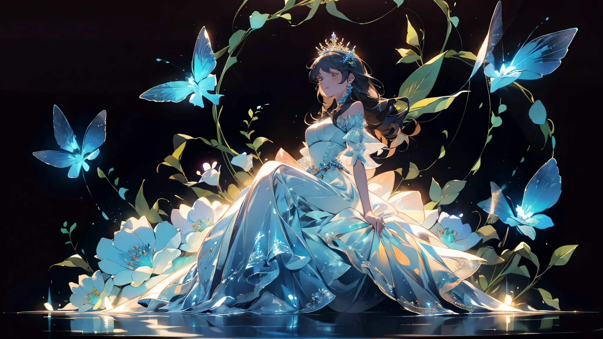 Charismatic, princess, flowers, glowing dress, sitting on a box, dark background, bioluminescent plants, fantasy world