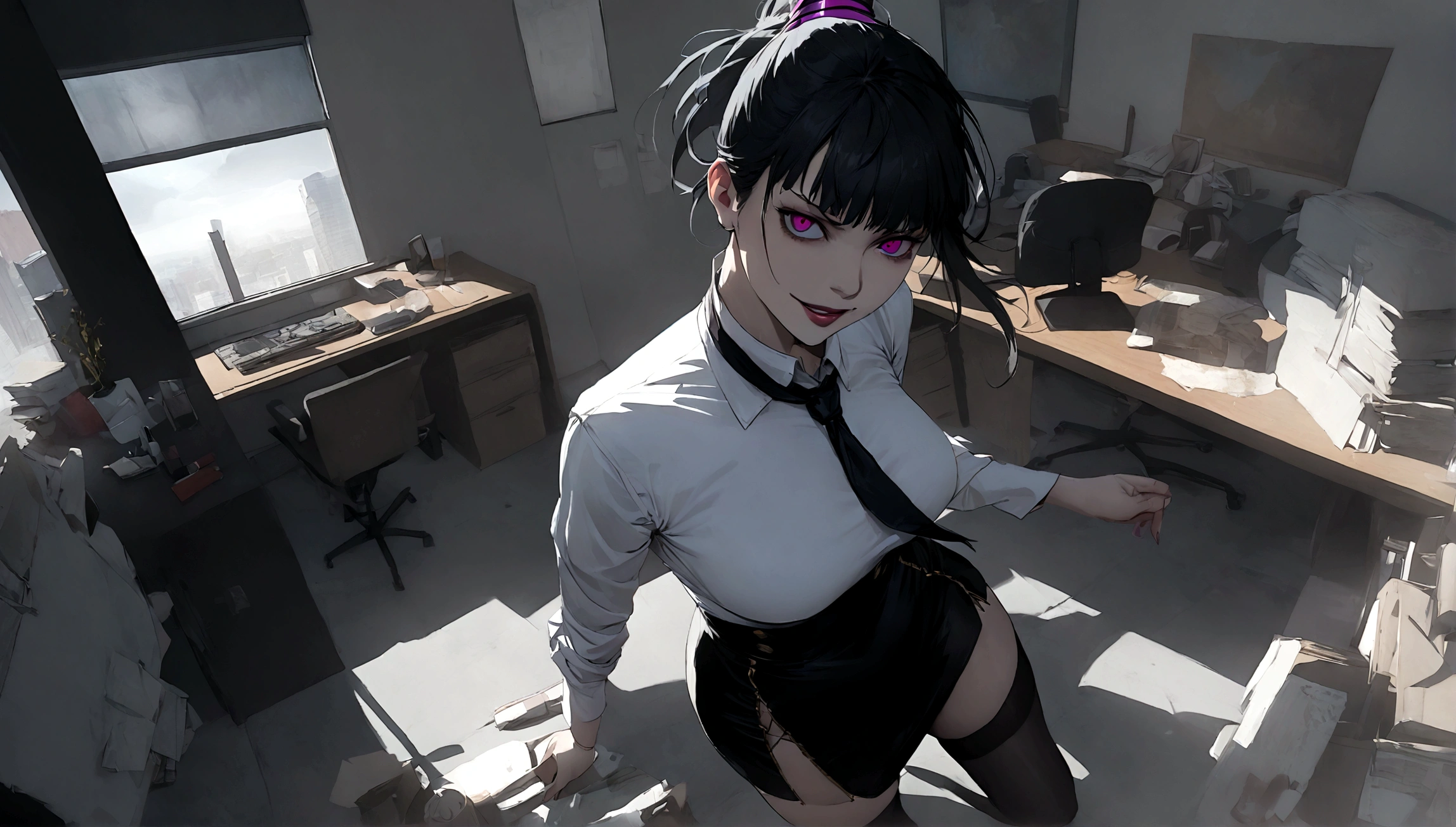 juri han, work of art, tight white secretary shirt with black tie, black high waist skirt, short skirt,stocking, black hair, black tights,evil smile,office,franja nos olhos,lighting,chifre de cabelos,view from above,olhando para cima
