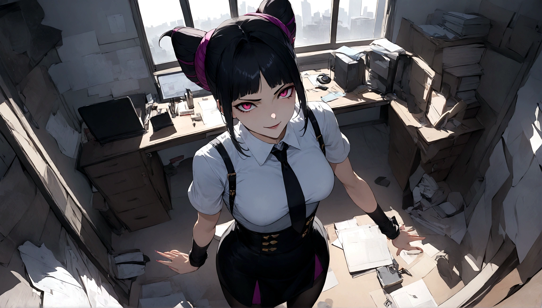 juri han, work of art, tight white secretary shirt with black tie, black high waist skirt, short skirt,stocking, black hair, black tights,evil smile,office,franja nos olhos,lighting,chifre de cabelos,view from above,olhando para cima