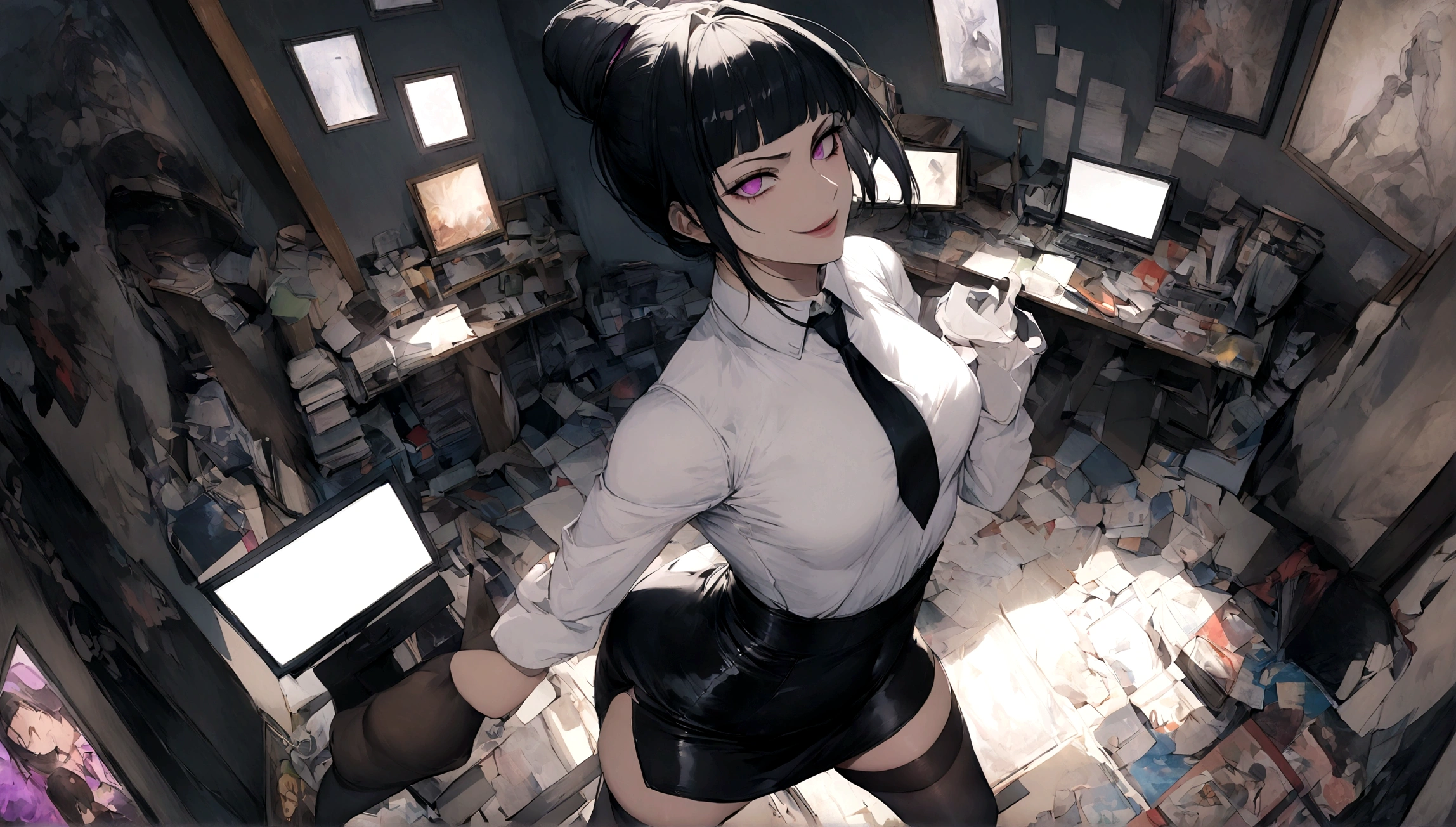 juri han, work of art, tight white secretary shirt with black tie, black high waist skirt, short skirt,stocking, black hair, black tights,evil smile,office,franja nos olhos,lighting,chifre de cabelos,view from above,olhando para cima