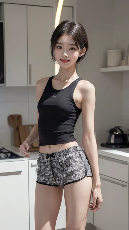 (clothing:2.0, Sleeveless T-shirt:1.8, boxer shorts:1.8), (Wet:1.2), ((Grin:1.2, short hair:1.2, thin:1.5, Small Ass:1.5)), (kitchen:1.5), ((Japanese, 1 girl, 18-year-old, 7 heads, Ideal body type, Black Hair, With bangs, Small breasts, Erect nipples, thin, Small Ass, Beautiful legs, thin脚)), Surrealism, Cinema Lighting, Written boundary depth, front,  debt/1.8, 135mm, Ticker, masterpiece, Collect and organize, ((Anatomically correct:1.3)), Textured skin, Super detailed, High detail, high quality, Awards, 最high quality, High resolution, 8k