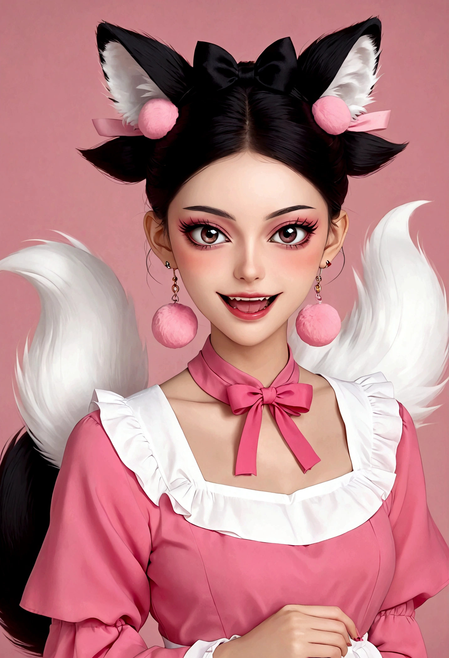 Beautiful face，beautiful eyes，Pink Eyeshadow，laughing out loud，Fangs，(((9 big, fluffy tails)))，Black high bun，Pink pompom earrings，Pink maid outfit，