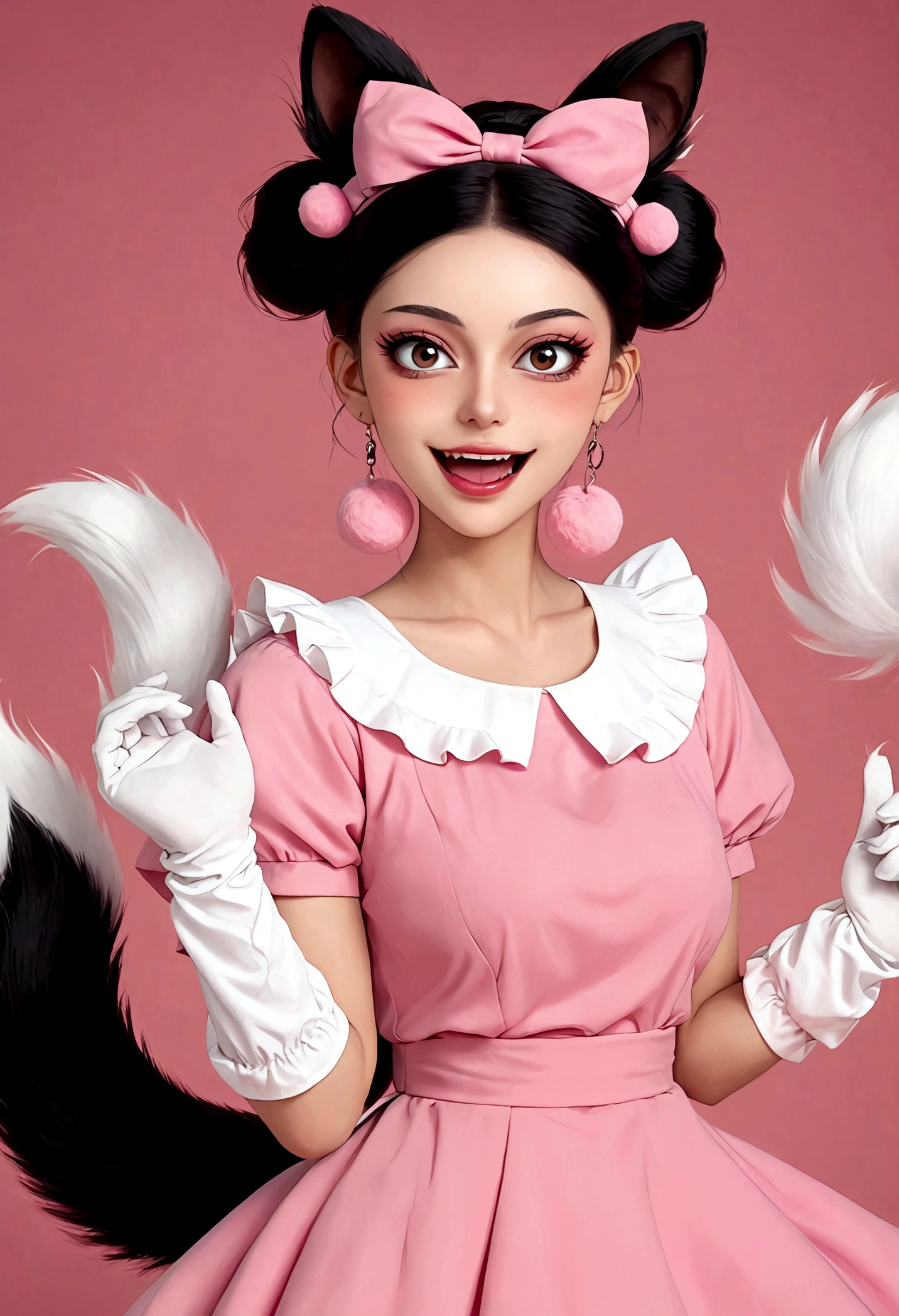 Beautiful face，beautiful eyes，Pink Eyeshadow，laughing out loud，Fangs，(((9 big, fluffy tails)))，Black high bun，Pink pompom earrings，Pink maid outfit，