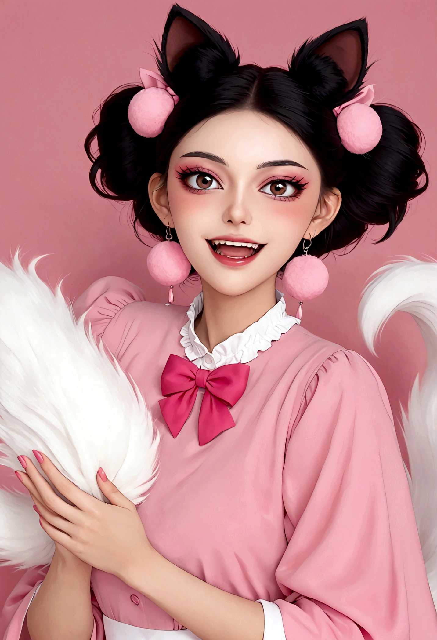 Beautiful face，beautiful eyes，Pink Eyeshadow，laughing out loud，Fangs，(((9 big, fluffy tails)))，Black high bun，Pink pompom earrings，Pink maid outfit，