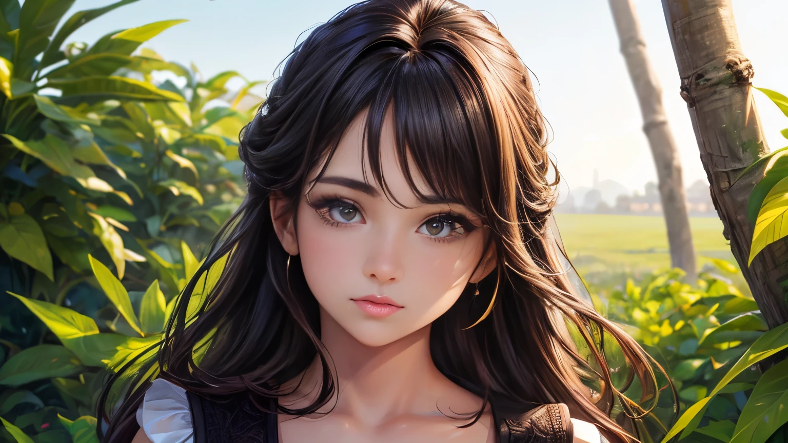 (1 girl), brown eyes, (highly detailed eyes, highly detailed face), Full body portrait, (Too realistic, hight resolution), (best quality:1.4), (high , Wear gardener&#39;s clothes:1.2), model, charming, sublime, hut, in the garden, countryside, Under a big tree, night beginning, alone, Tears in her eyes, beard, cry