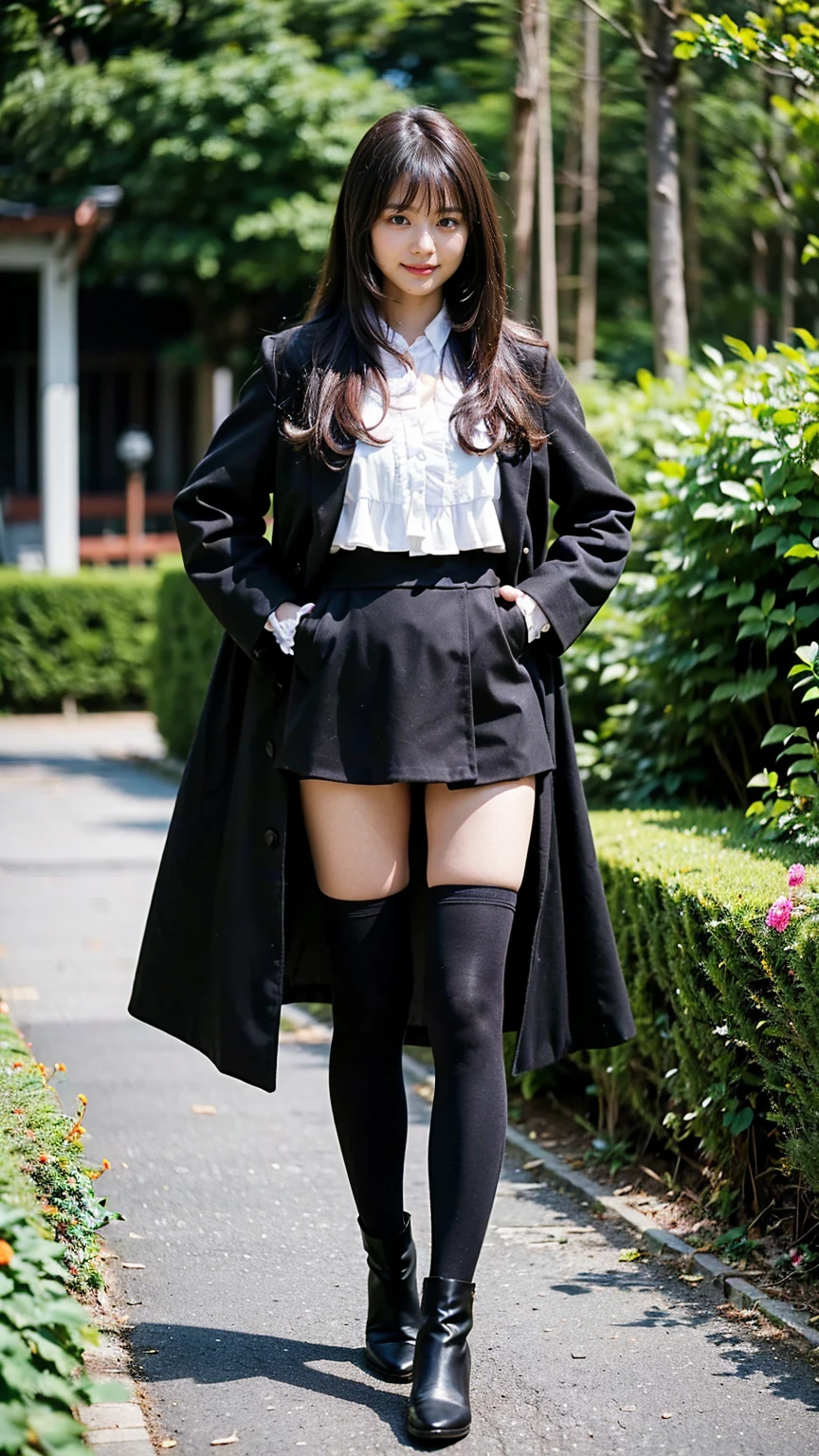 (8k、RAW Photos、highest quality、masterpiece:1.2)、(Realistic、Realistic)、1 girl、((garden、coat、smile、Large Breasts、tights、Black ee-through、Frills、Semi-long hair、boots、Facing forward、Standing with hands on hips))、